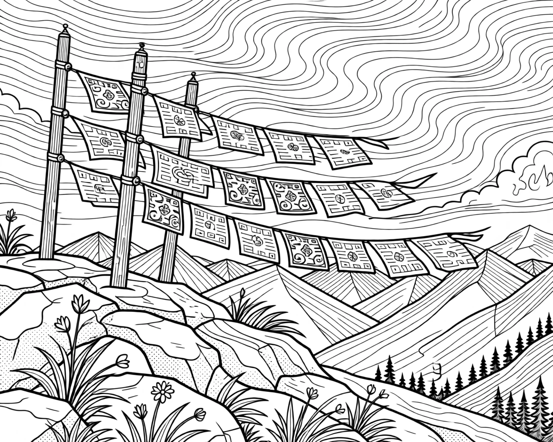 A set of prayer flags strung between poles on a windy mountain ridge.