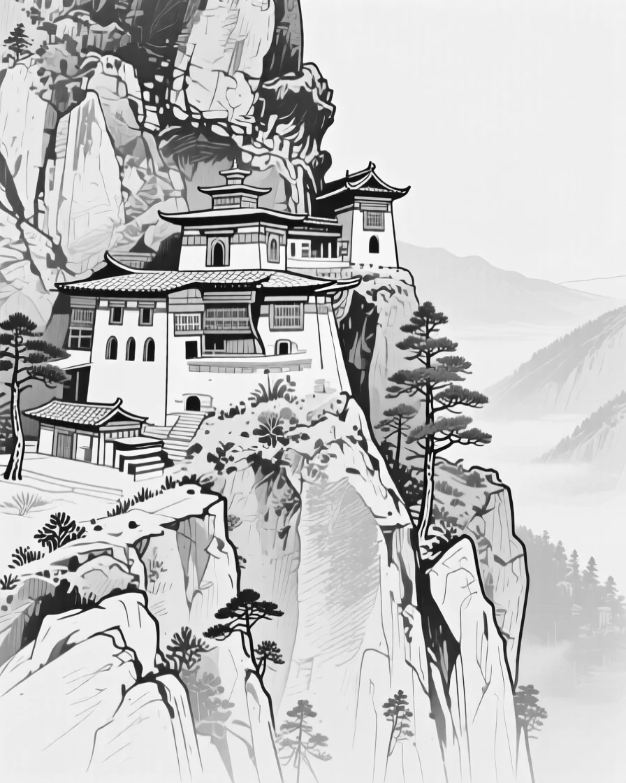 A remote mountain monastery perched on a cliffside