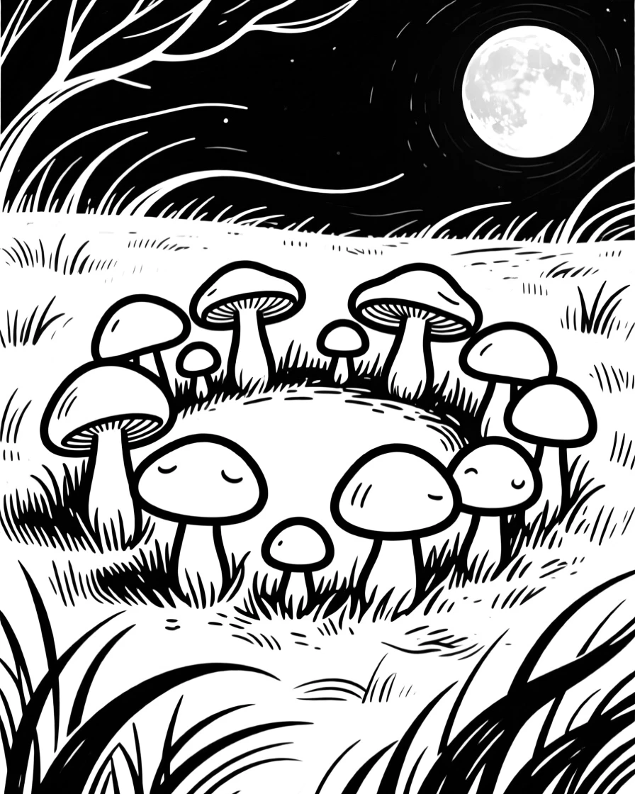 A hidden fairy ring of mushrooms glowing faintly in a moonlit meadow.