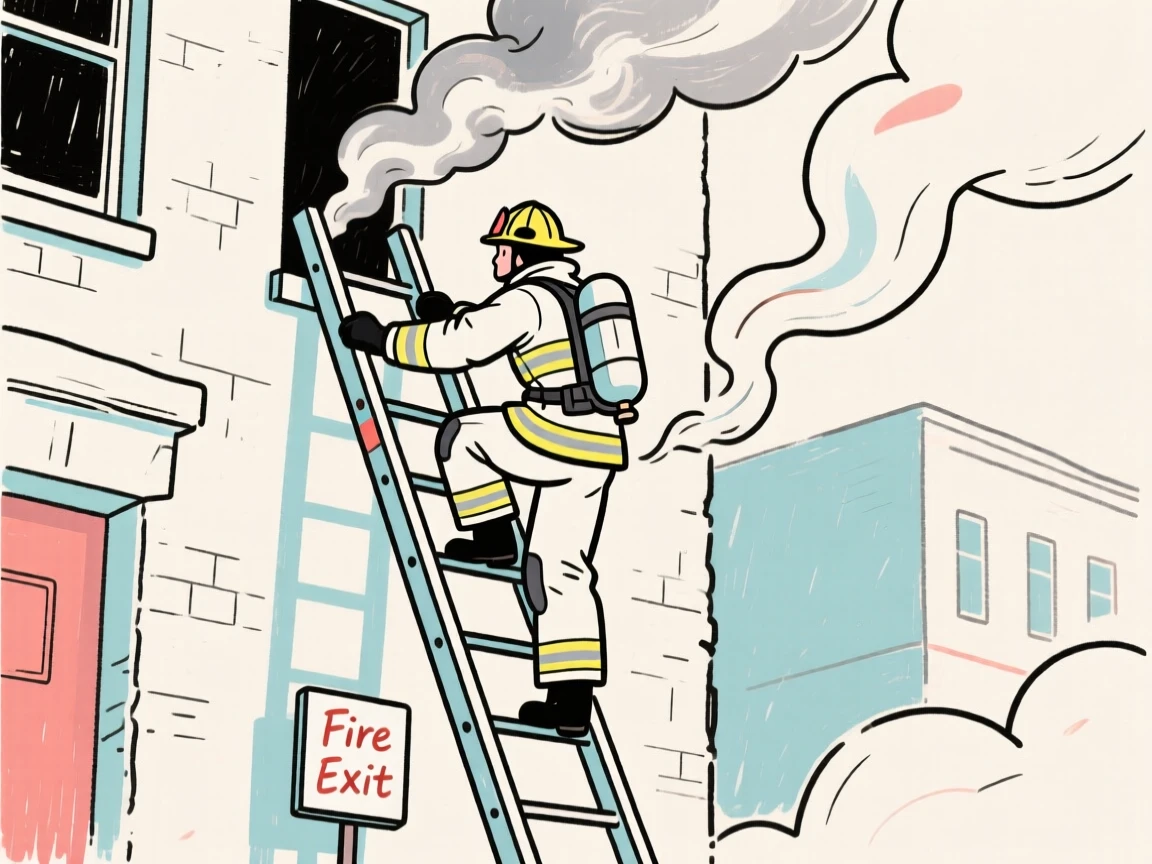 A firefighter climbing a ladder toward a smoke-filled building.