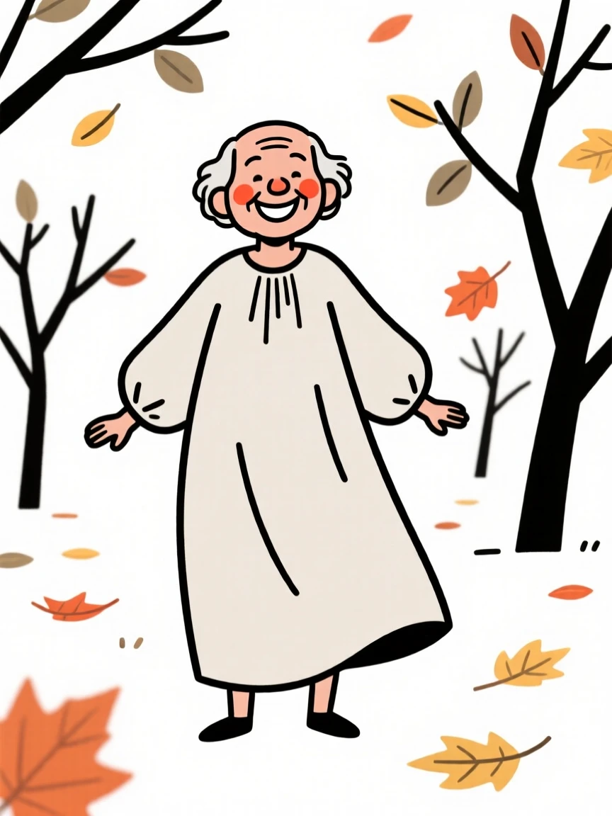 A grandfather of Mexican heritage in a flowing bohemian dress, grinning mischievously, in an autumn orchard.