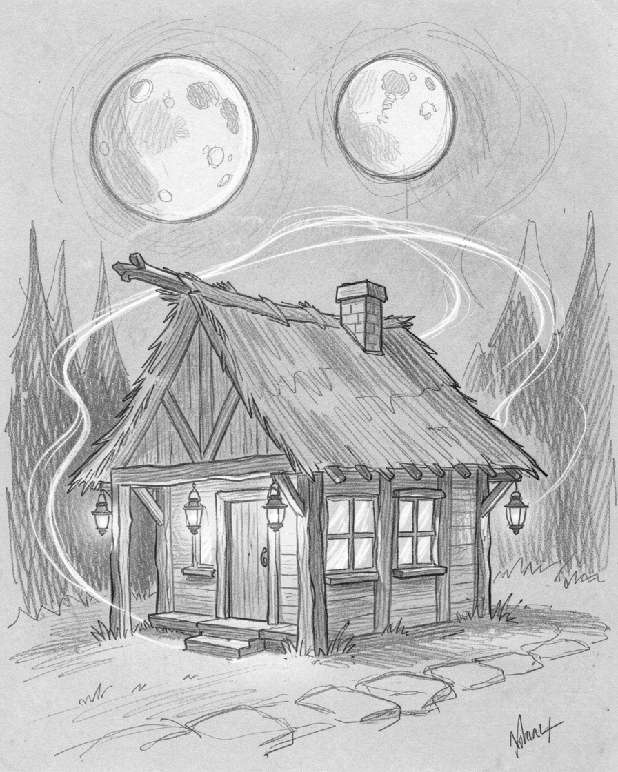 A magical, imaginative vision of a witch's cottage glowing with lantern light in a realm where two moons hang in the sky, with magical light swirling through the air.