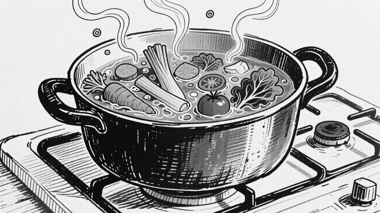 A bubbling pot of hearty vegetable soup simmering on a stovetop.