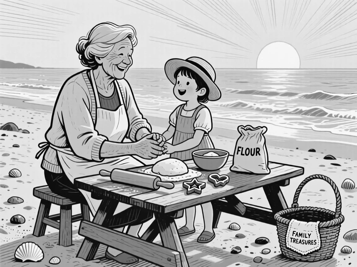 A grandmother baking with her grandchild on a sandy beach at golden hour, with hands clasped warmly together, creating a genuinely uplifting lifestyle scene.