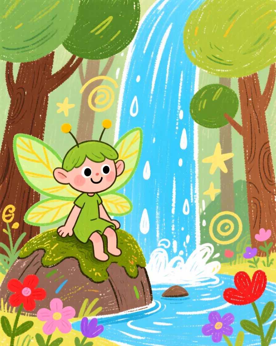 A woodland sprite resting beside a sparkling magical waterfall.