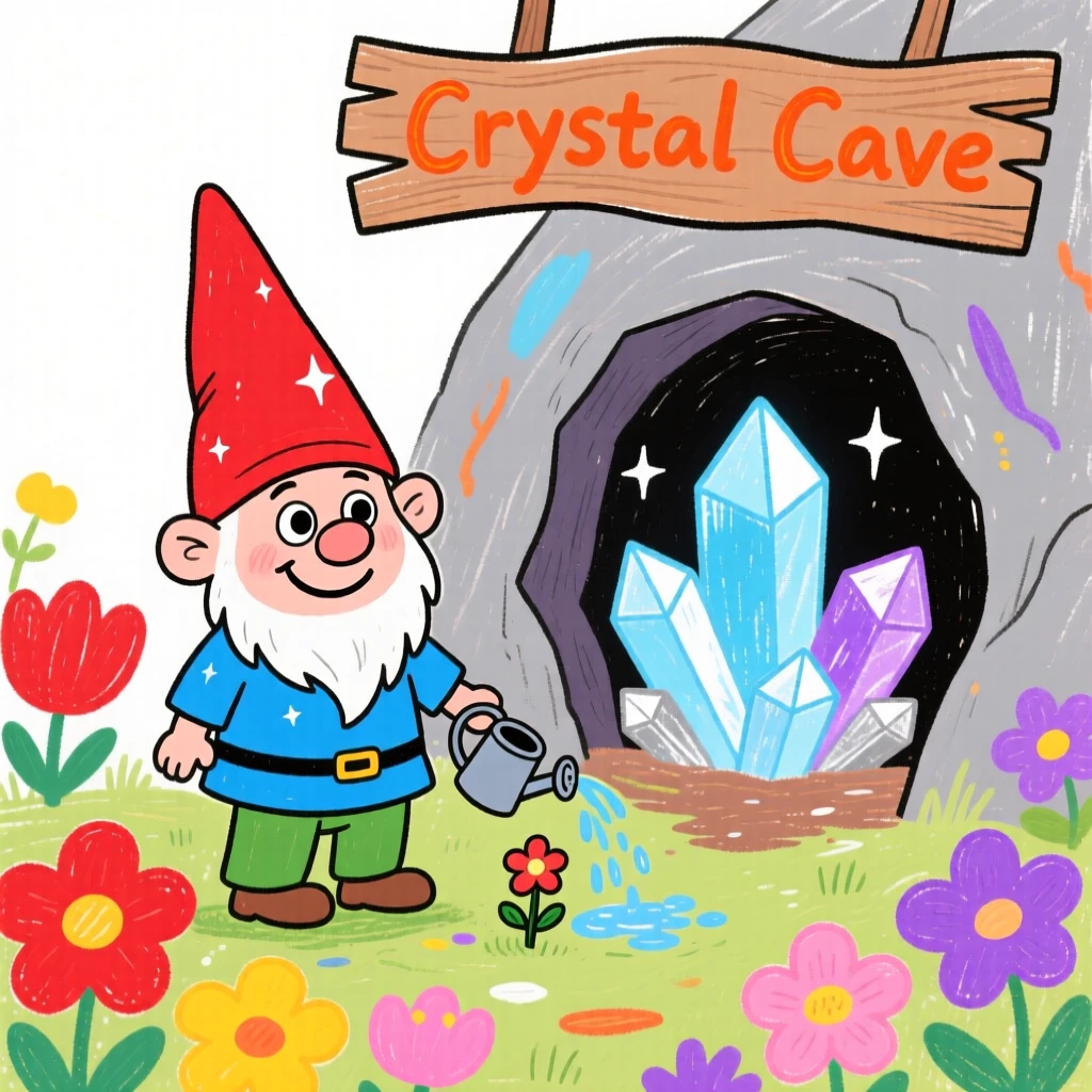 A mischievous garden gnome near a crystal cave glowing with soft light.