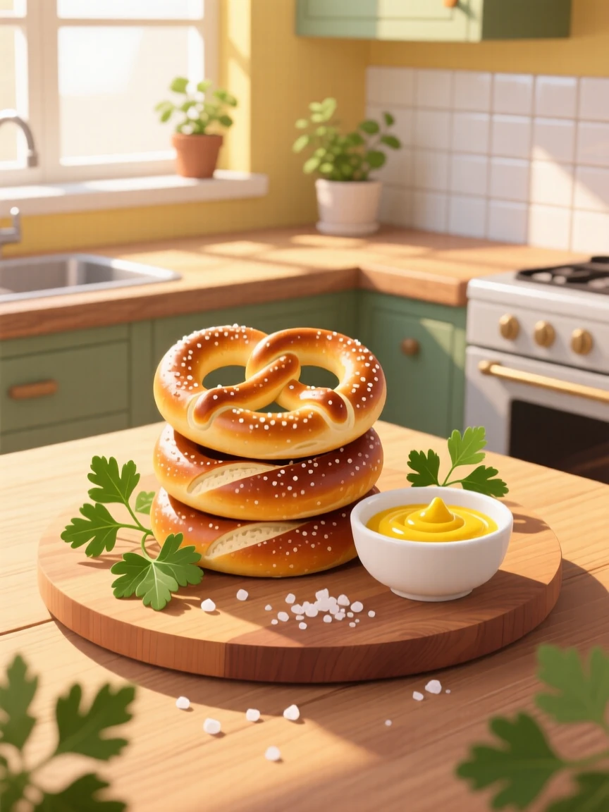 A stack of soft pretzels served with mustard dipping sauce, set within a cozy sunlit kitchen, arranged with garnishes placed for visual balance, with a joyful, celebratory feel.