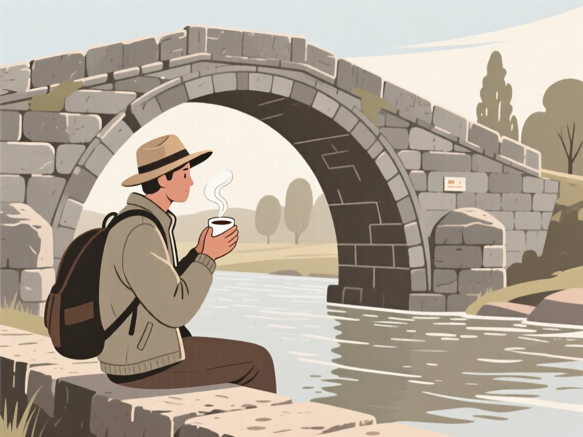 A traveler sipping coffee near an ancient stone bridge.