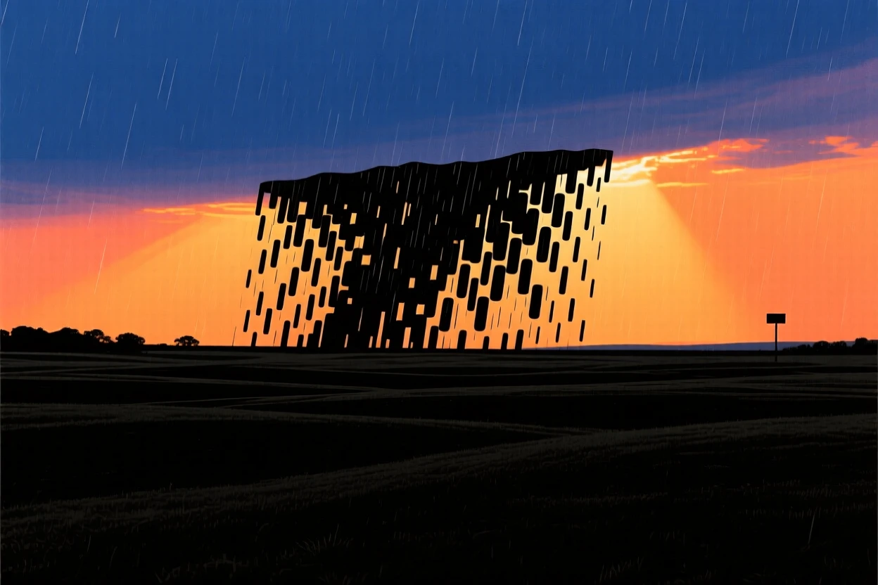 A curtain of rain visible in the distance over a wide open plain.