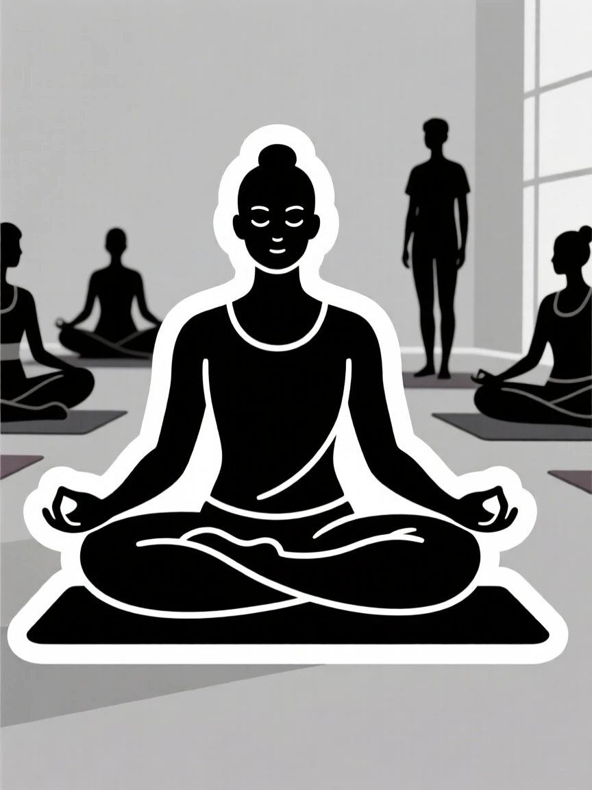 A determined and skilled yogi in a peaceful meditation pose, taking a short pause to admire their progress, in a small community class setting.