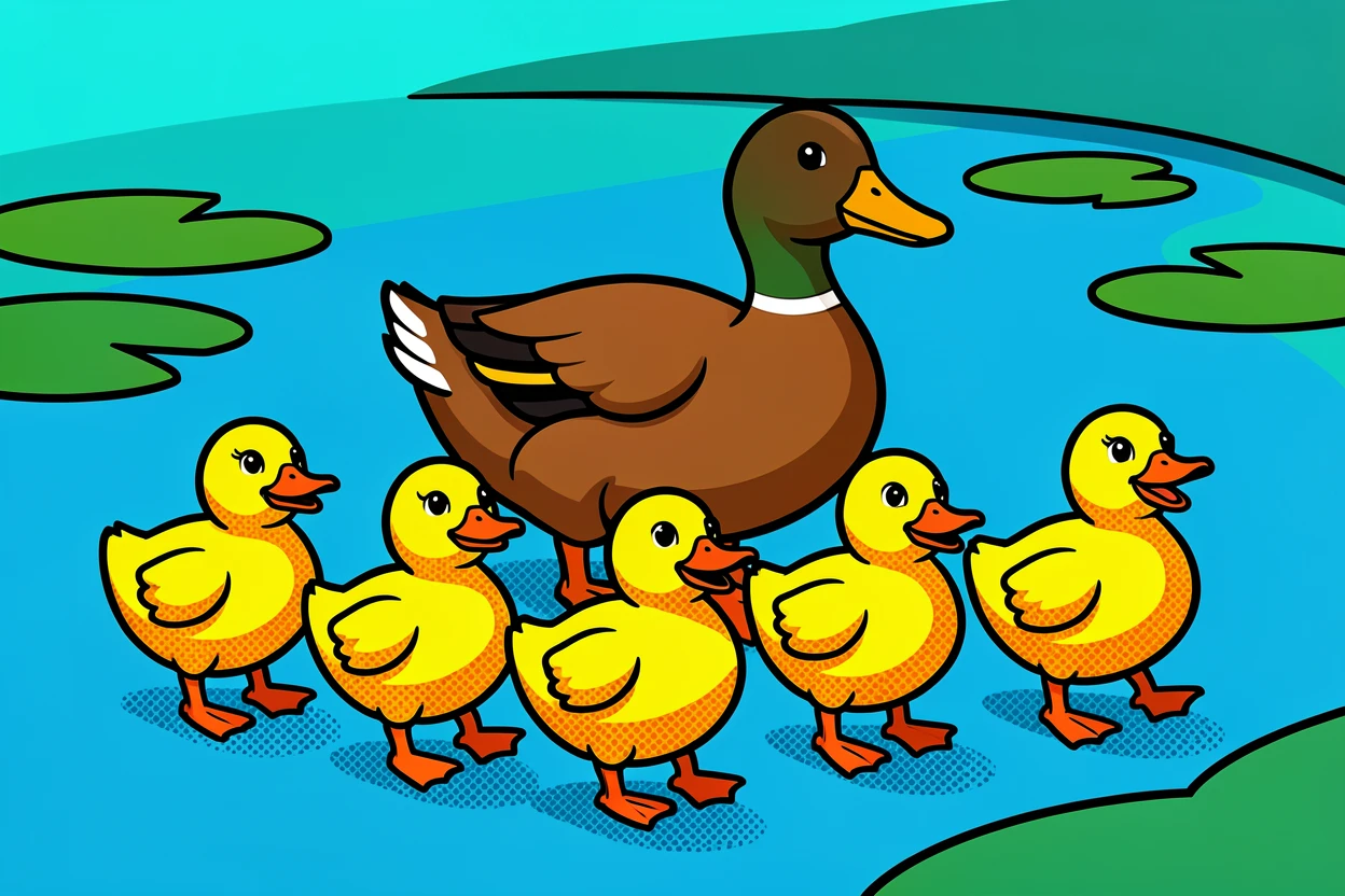 A family of ducklings following their mother across a pond