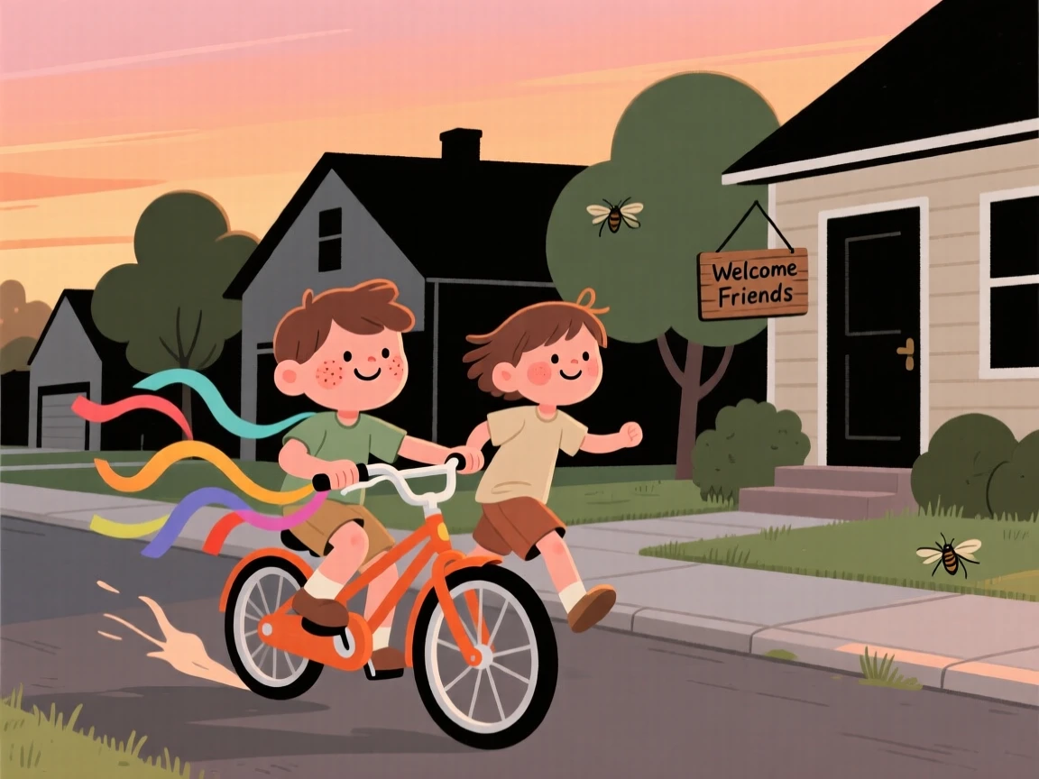 A child rides a bicycle with streamers down a quiet suburban street on a warm summer evening, racing a friend to the corner as the hum of cicadas drifts from a nearby porch.