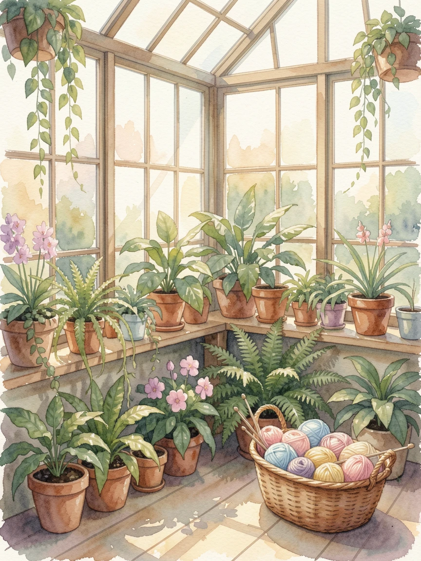 A greenhouse sunroom filled with potted plants with a basket of yarn and knitting needles.