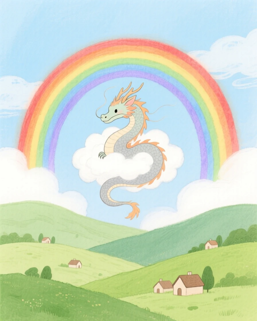 A small cloud dragon coils around a rainbow arching over a green valley dotted with tiny cottages