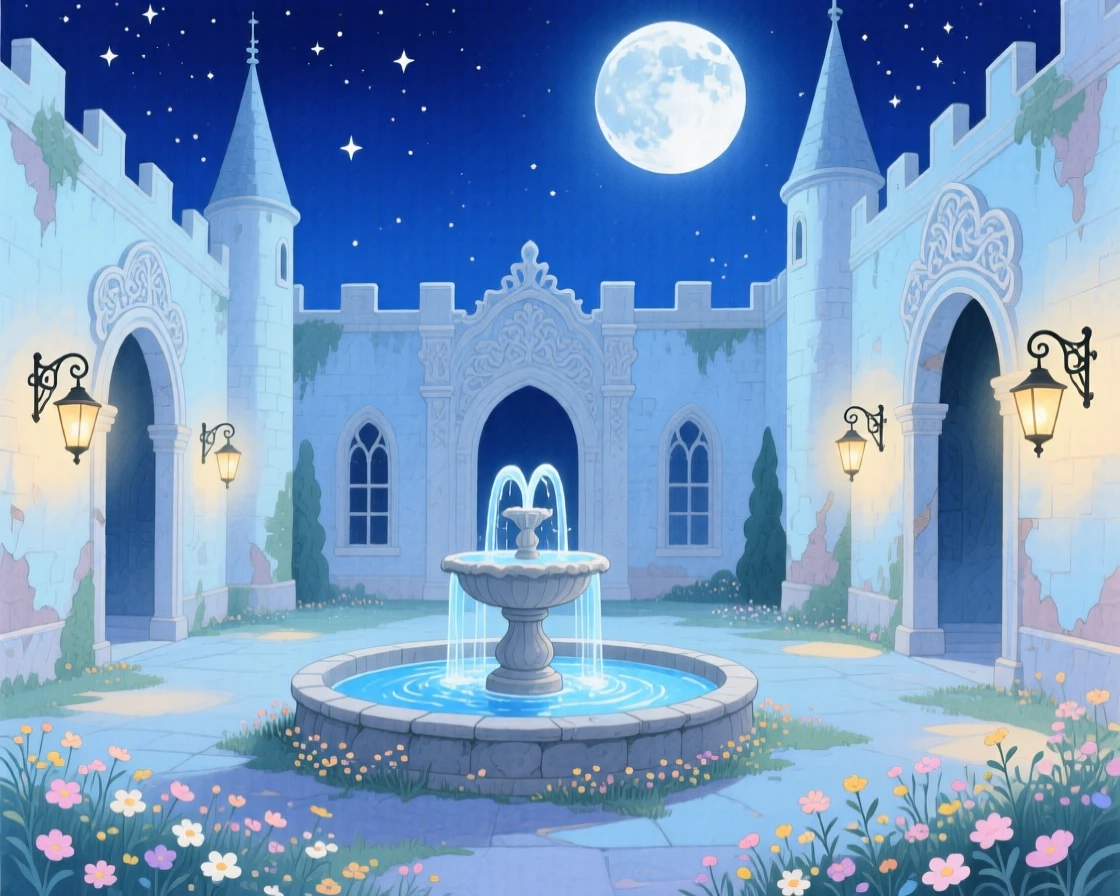 A wondrous view of a moonlit courtyard of an abandoned fairy-tale palace.