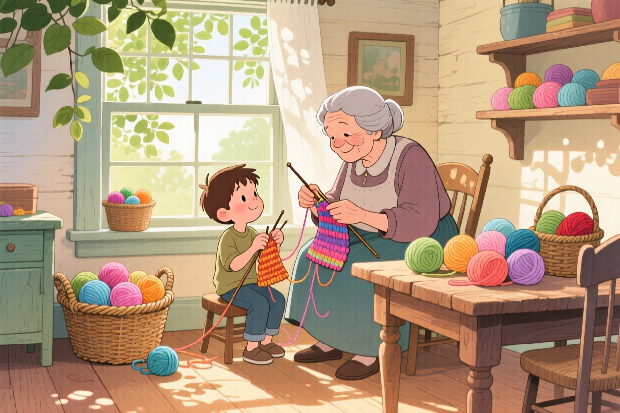 A grandmother teaching her grandson to knit by the window, in a sunlit cottage room with yarn baskets, with soft afternoon light filtering through leaves, the quiet joy of shared tradition.