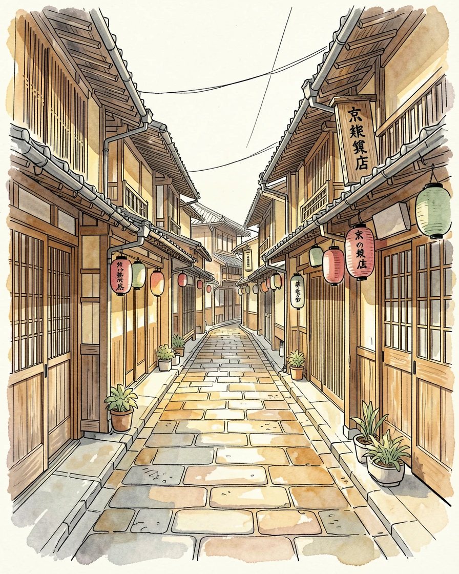 A quiet alley in Kyoto lined with traditional wooden shopfronts, warm afternoon light settling over the weathered stone and rooftops.