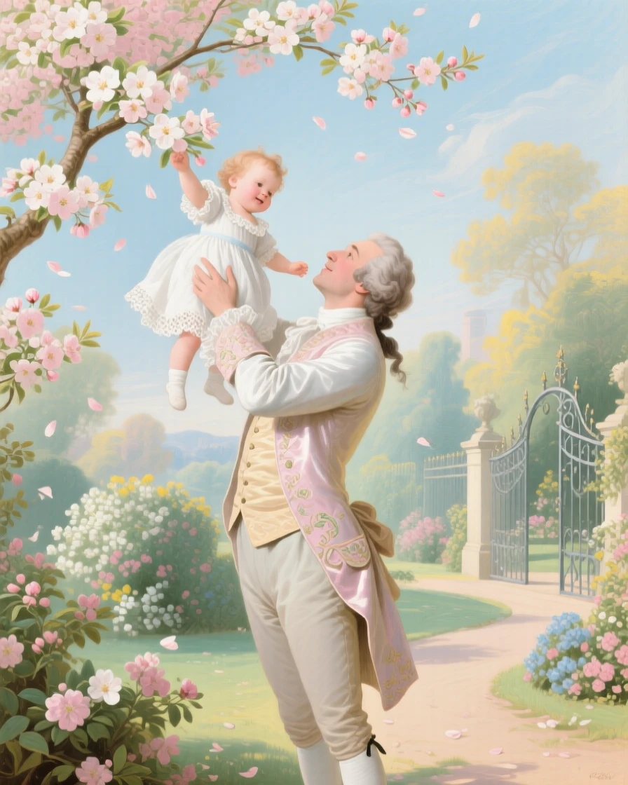 A father lifting his child to reach blossoms on a low garden branch  