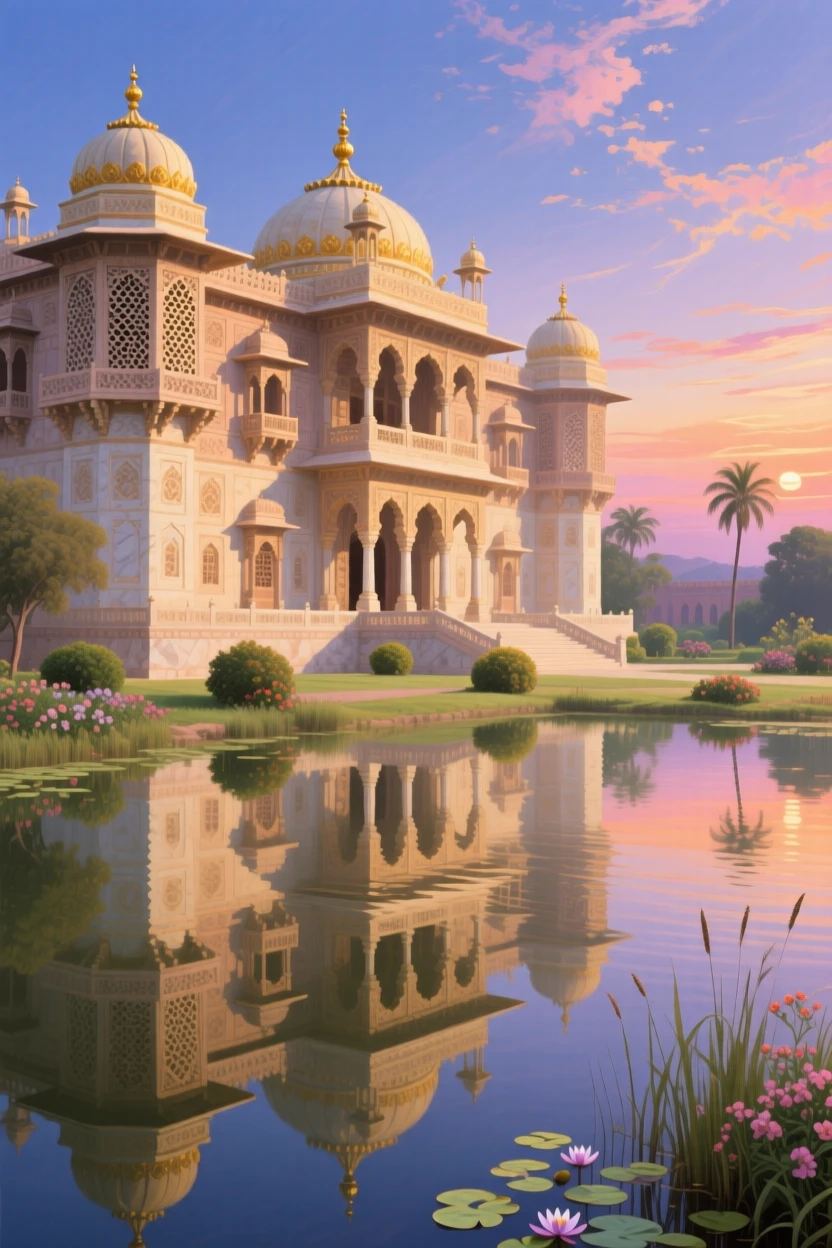 A grand Indian palace reflected in a still lake at sunrise, with intricate architectural details rendered in careful precision, celebrating the architectural wonder and cultural richness of the location