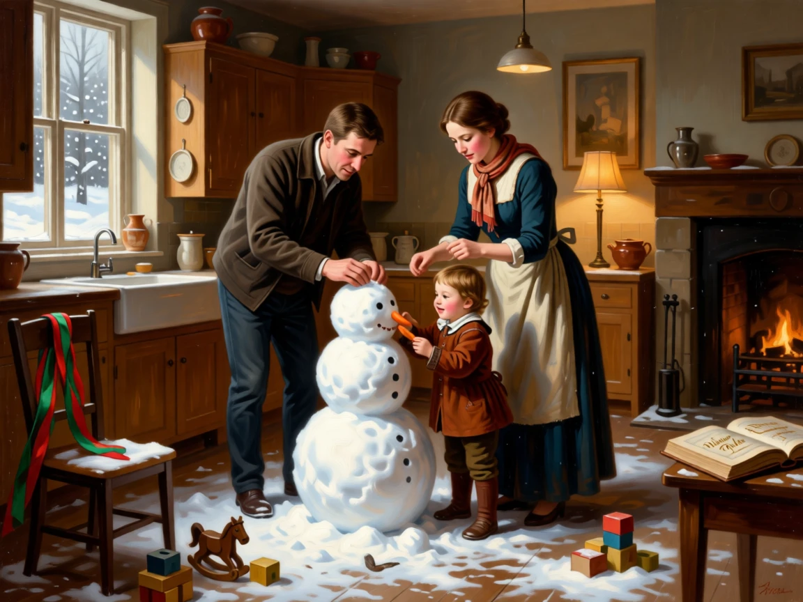 A young family building a snowman together in a fresh snowfall in a scene glowing with warmth and quiet devotion, set within a warmly lit kitchen filled with the smell of baking, with toys, ribbons, or a forgotten book scattered nearby; the arrangement of figures suggests closeness without crowding, suggesting the enduring bonds between generations.