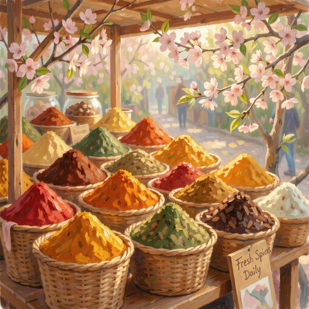 A charming spice market stall overflowing with mounds of colorful spices in woven baskets, just as the first blossoms of spring appear, filled with a cozy, comforting atmosphere.