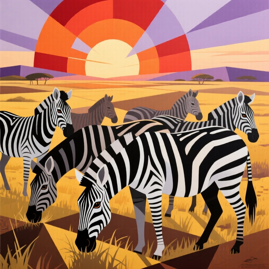 A herd of zebras grazing together on the open plains at sunrise.