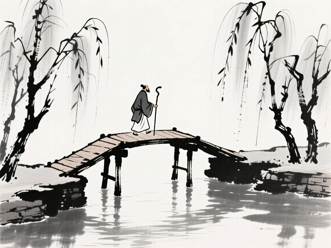 A wooden footbridge crosses a quiet canal lined with willow trees, as a lone traveler crosses with a walking staff in hand.