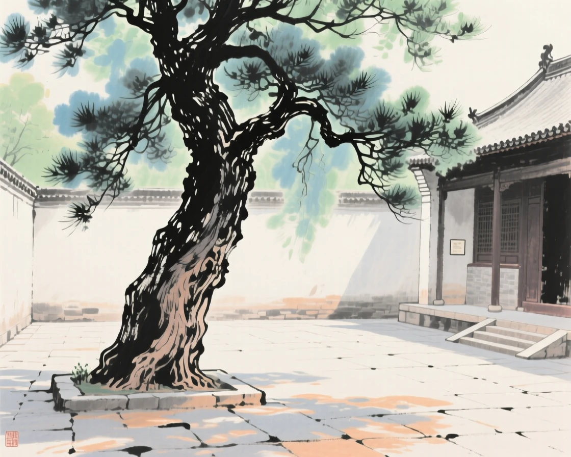 A temple courtyard shaded by a single ancient cypress, in the height of summer.