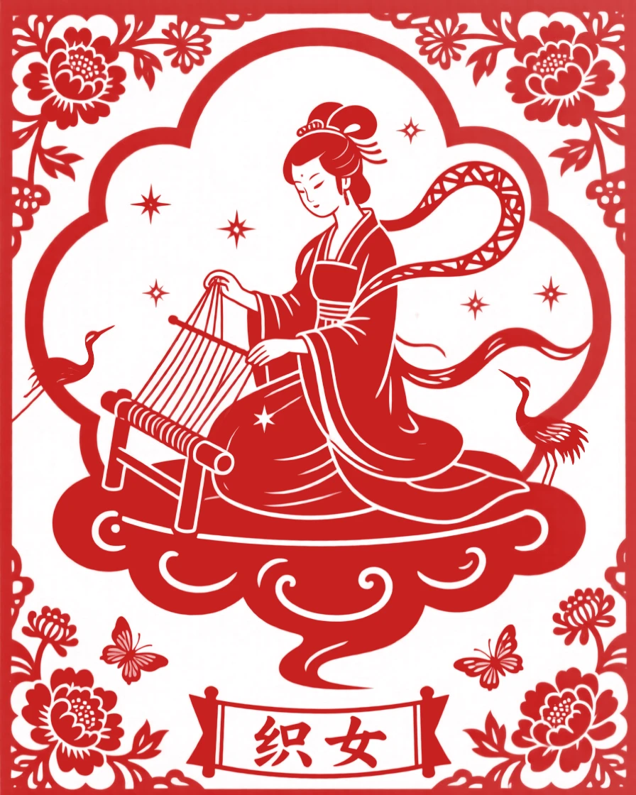 The Weaver Girl at her loom on a cloud platform, threads of starlight running through her fingers