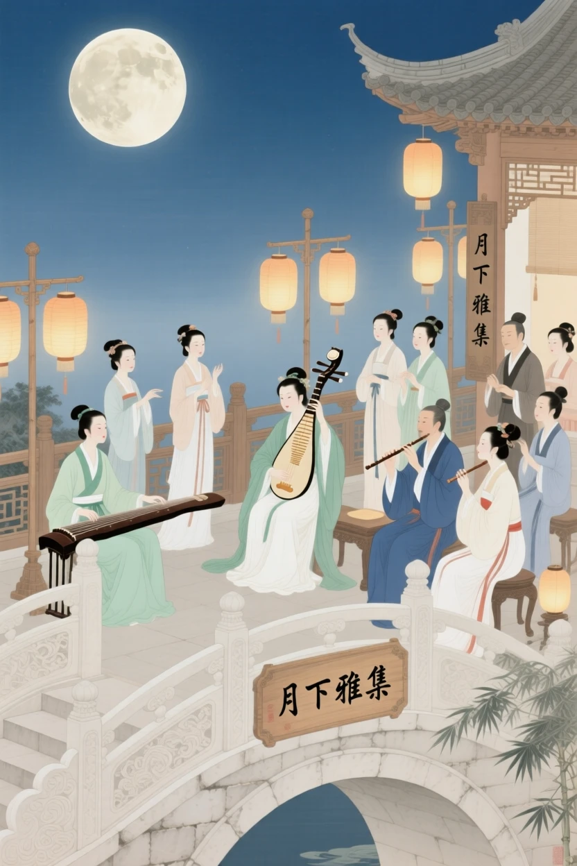 A moon-viewing party on a terrace with musicians and glowing lanterns, seen from a bridge overlooking the crowd
