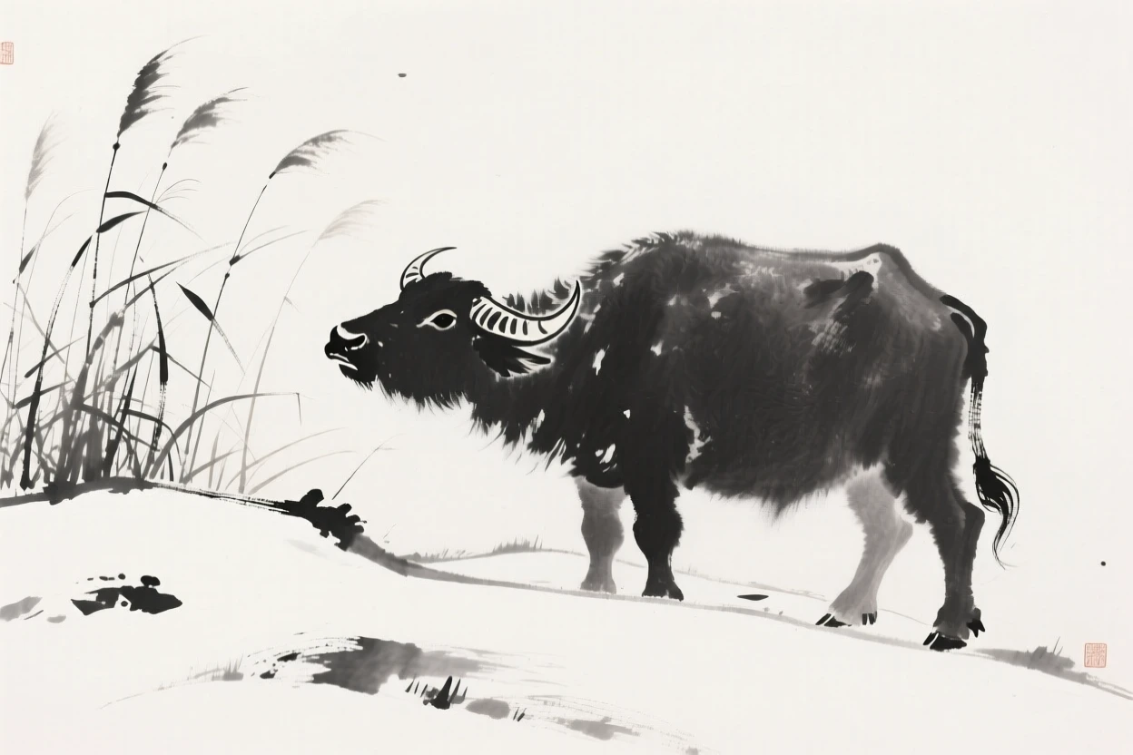 A water buffalo watching quietly from behind a stand of reeds on a snow-covered hillside, captured in profile against a soft, empty background, carrying a sense of quiet dignity and wildness.