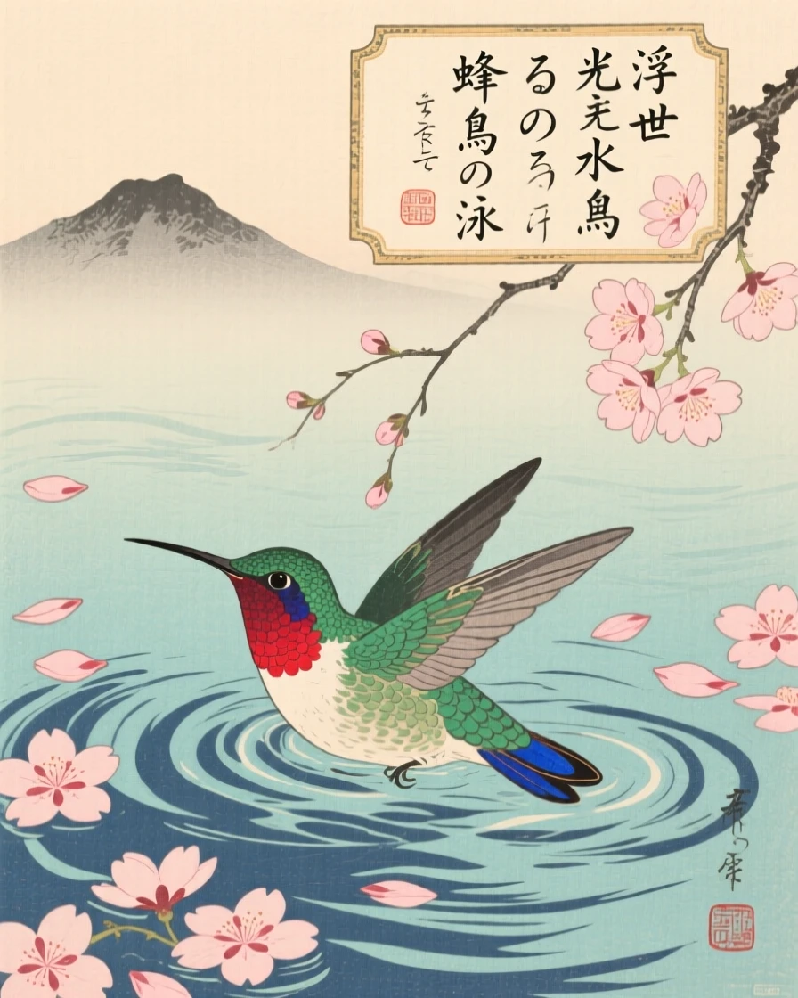A hummingbird swimming beneath drifting cherry petals.