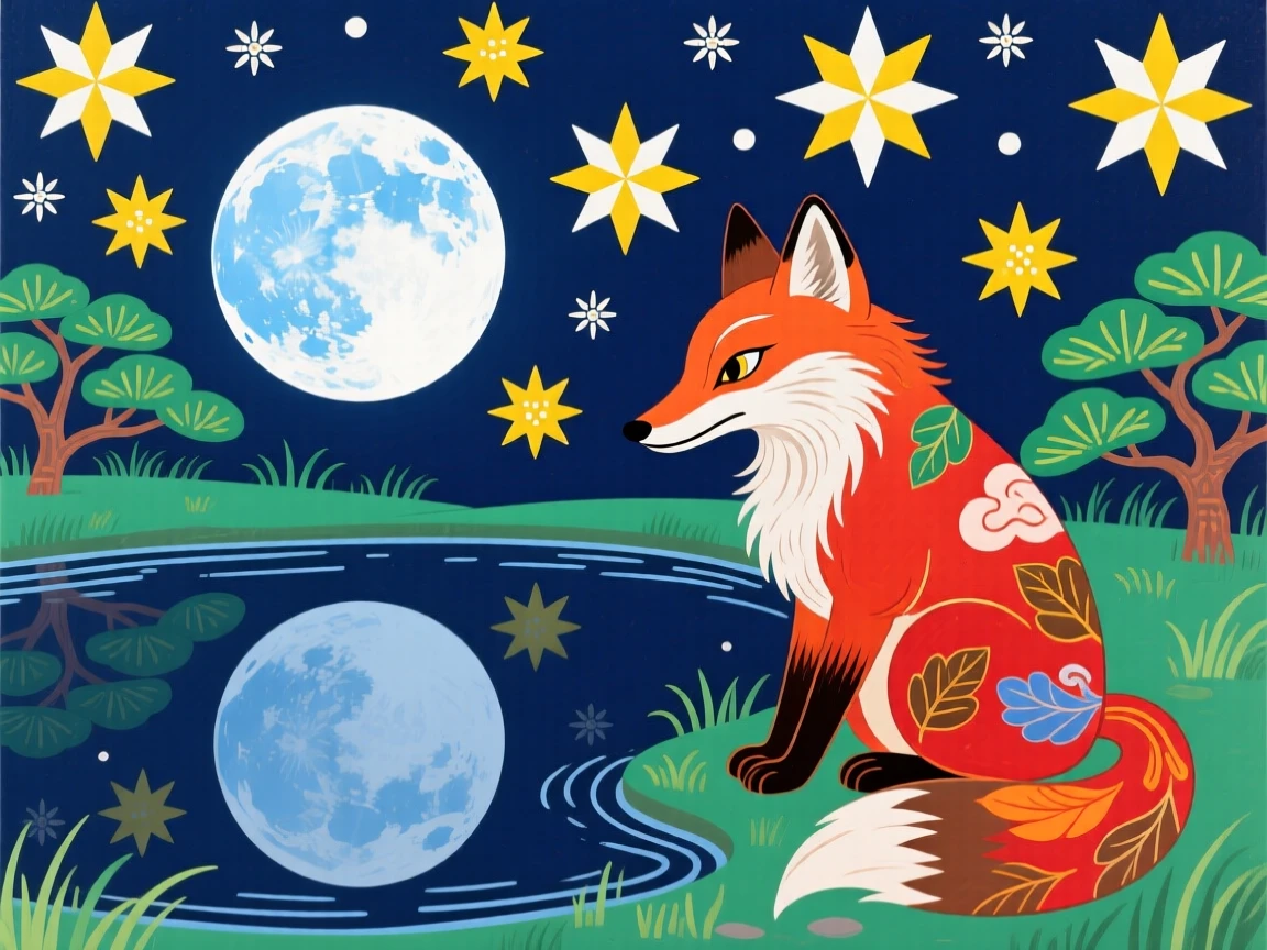 A wise old fox spirit gazing at the reflection of the moon in a still pond, under a canopy of stars.