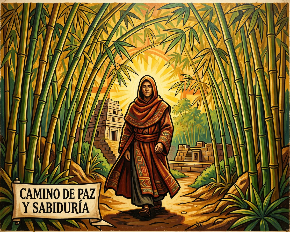 A monk walking slowly through a peaceful bamboo grove