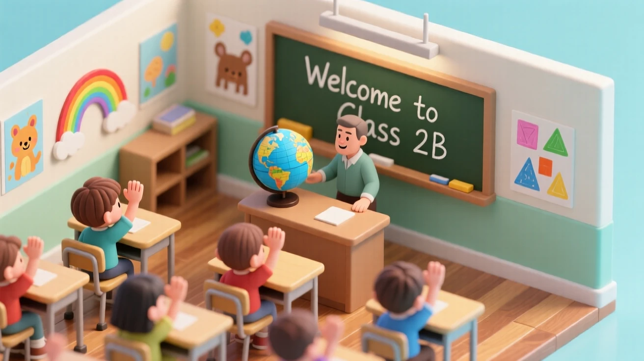 A bustling elementary school classroom with colorful artwork on the walls, children raising hands eagerly, and a globe on the teacher's desk.
