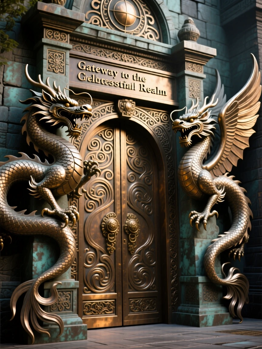 A celestial gate guarded by twin stone dragons, rendered with dramatic, sweeping composition, radiating awe and grandeur