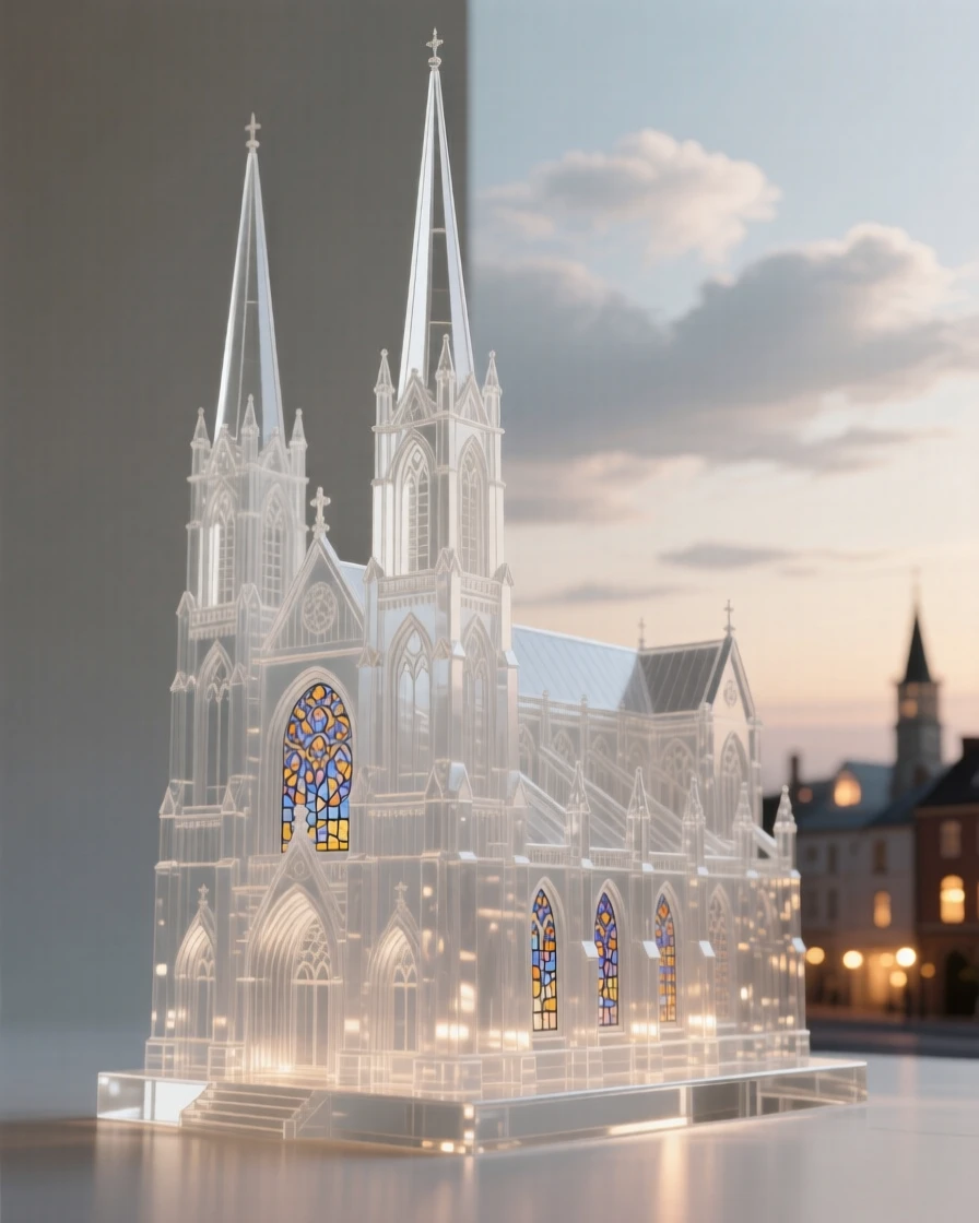 As lights begin to flicker on across the surrounding town, a grand cathedral with spires rising into a clouded sky