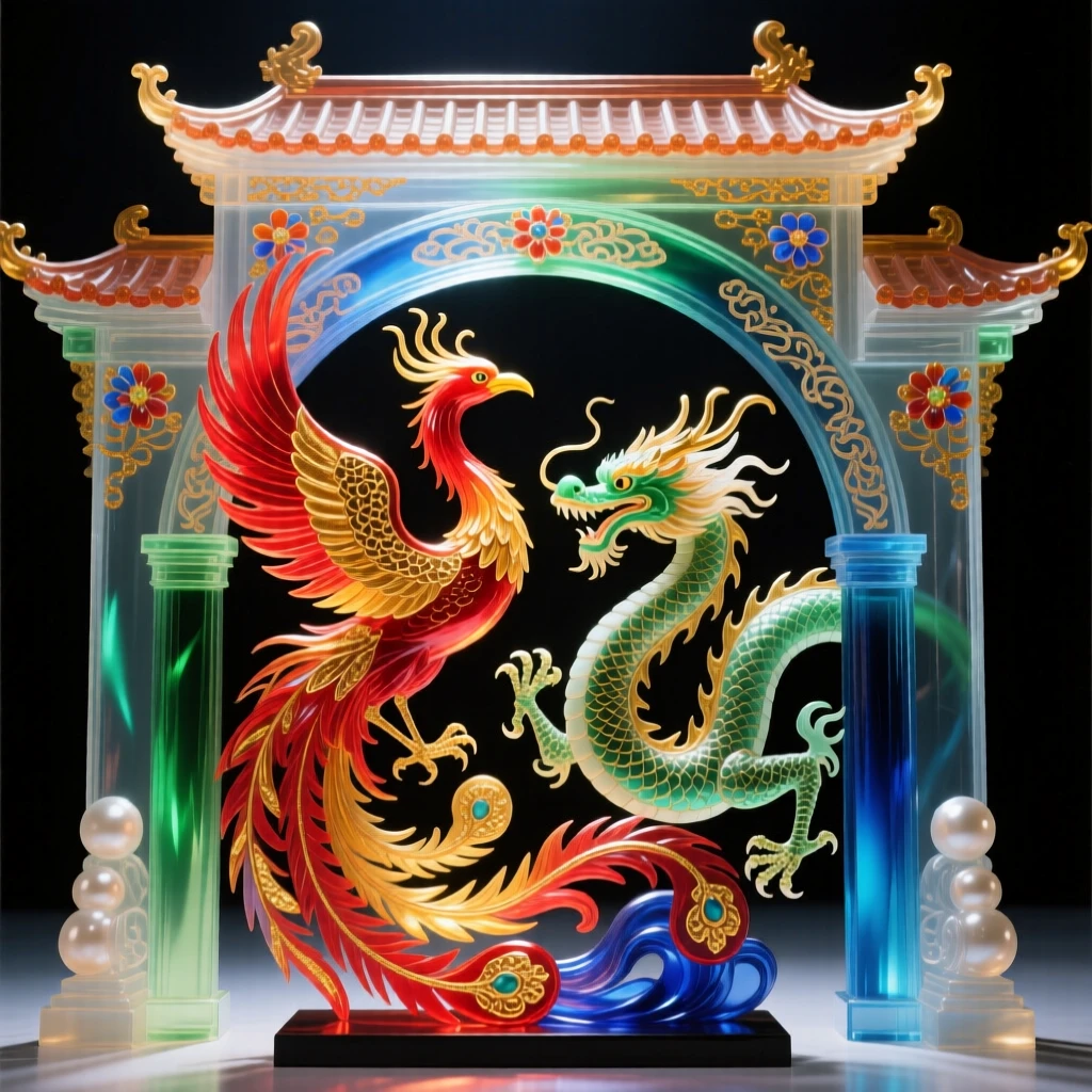 A traditional Chinese phoenix and dragon motif carved into a temple archway, harmonious and grand.