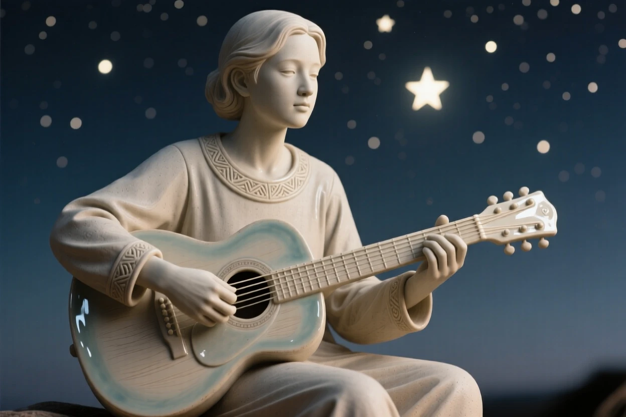 A musician strumming a guitar under starlight gazing softly into the distance, adorned with simple, elegant ornamentation, evoking tenderness and quiet intimacy.