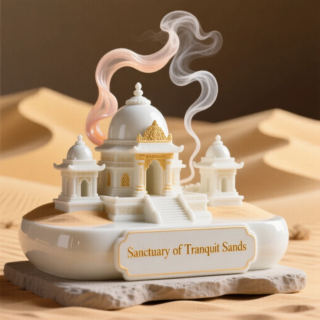 A serene desert temple complex nestled in golden desert dunes, soft incense smoke curling upward.