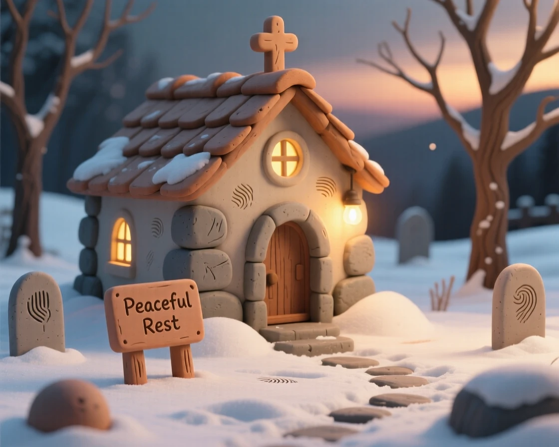 A quiet stone chapel glowing warmly amid a snowy churchyard