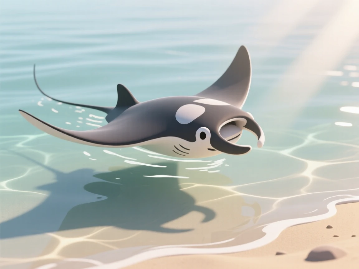 A gentle manta ray glides gracefully through sunlit shallow water, wingtip shadows dancing across the sandy seafloor.