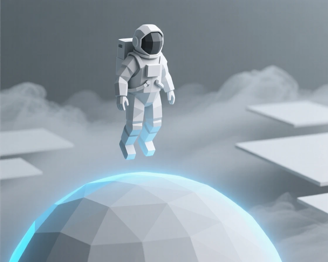 A lone astronaut floating above a glowing blue planet, surrounded by soft glowing mist. the composition uses a wide, immersive perspective. The scene radiates a calm, meditative stillness.