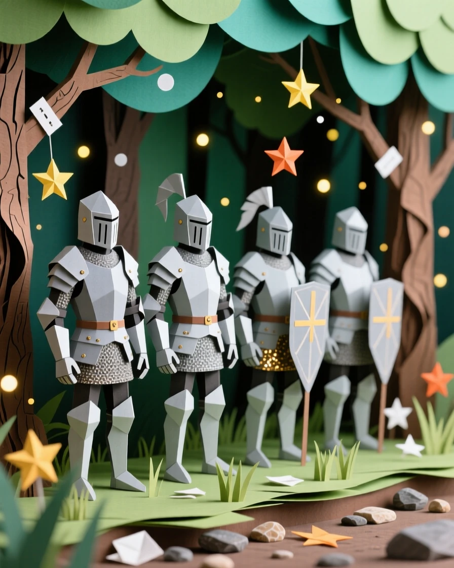 A band of armored knights standing at the edge of an enchanted forest, with glowing particles floating like fireflies, evoking otherworldly beauty.