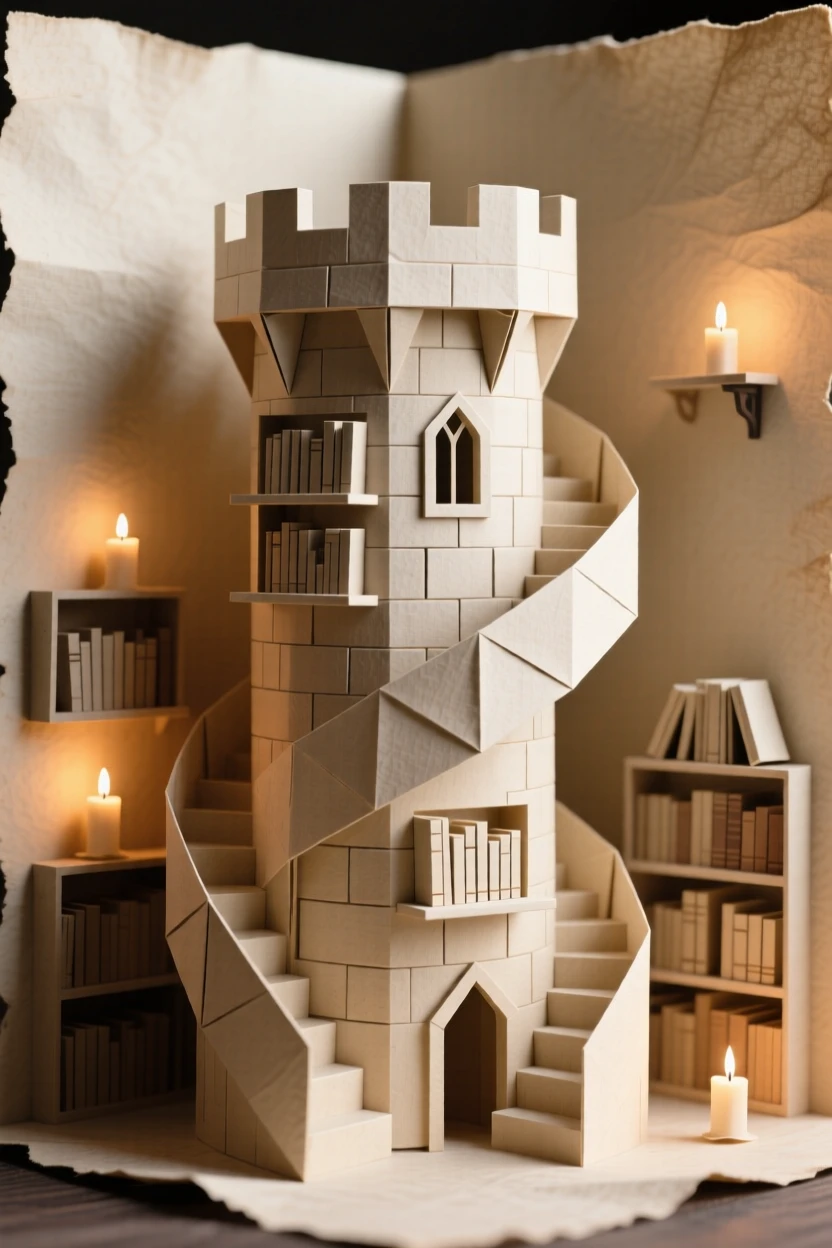 A castle library tower where staircases spiral upward past shelves glowing with soft light.