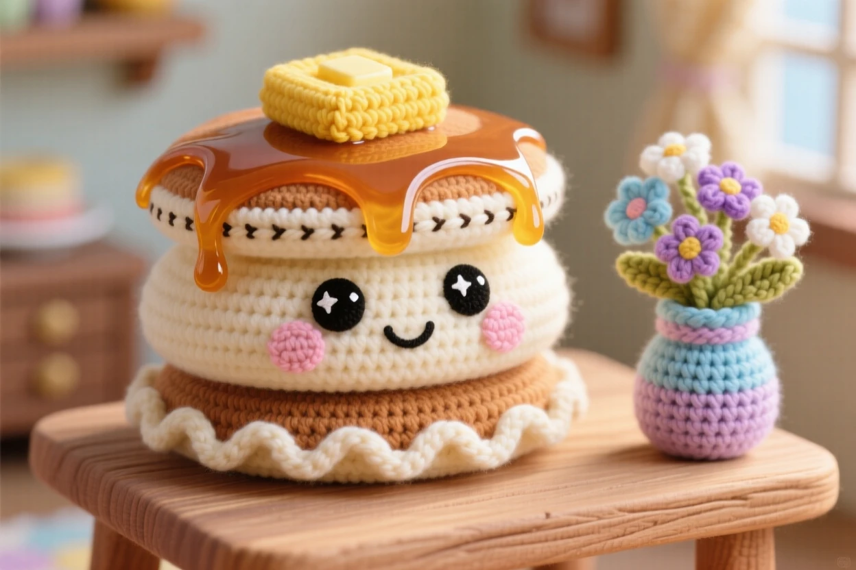 a cheerful pancake stack character, drizzled with syrup, is shown topped with a pat of melting butter on a cozy breakfast nook bathed in morning light beside a small vase of wildflowers on the table, capturing bright, appetizing cheerfulness.