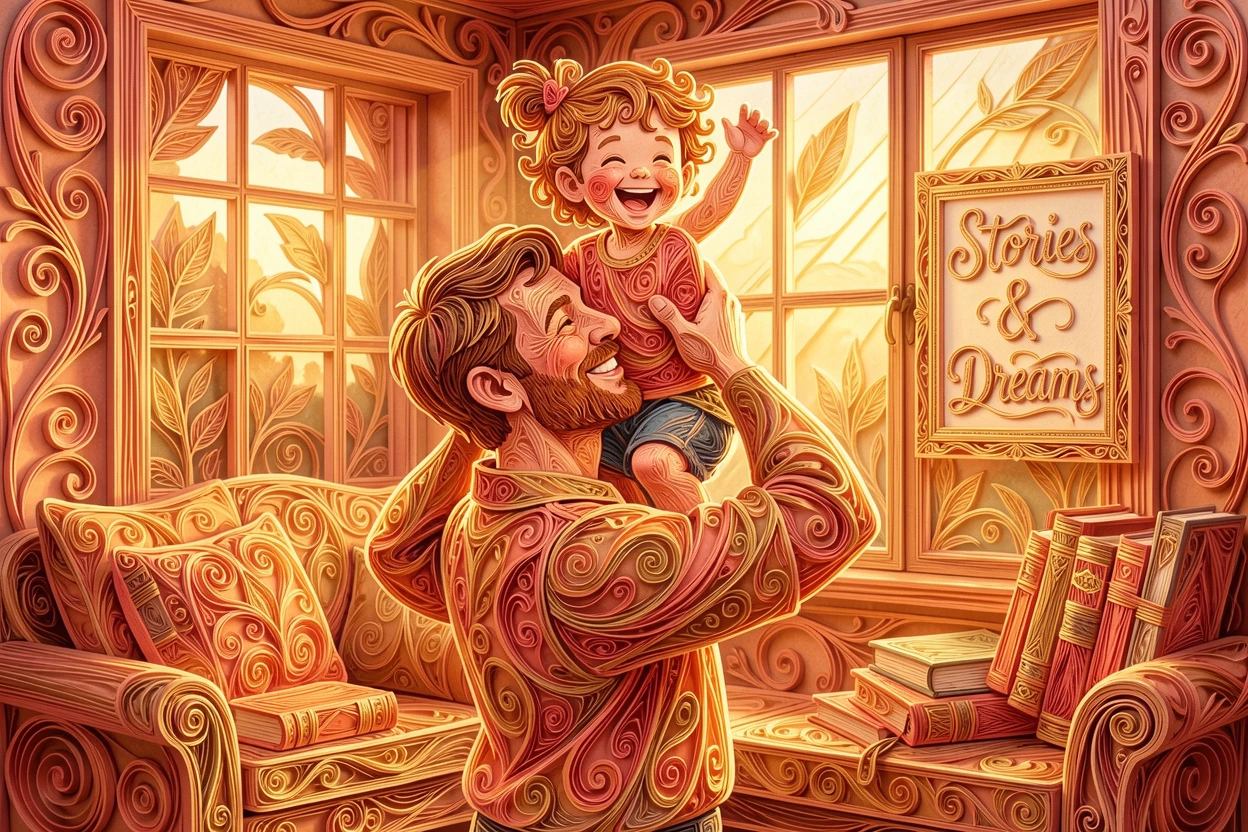 A heartwarming moment of a father lifting his laughing child onto his shoulders in a cozy reading nook by a window, in warm sunset hues of coral and gold, shown from a gentle, heartfelt eye-level perspective.