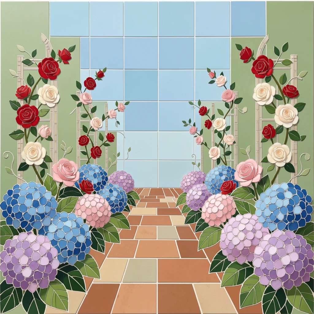 A garden path lined with blooming hydrangeas and climbing roses.