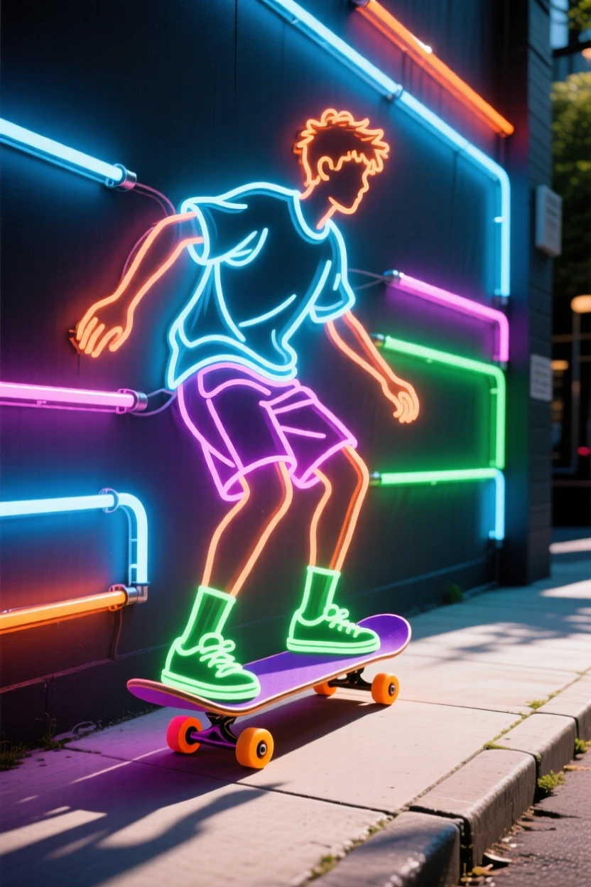 A young man skateboarding down a sunlit sidewalk.
