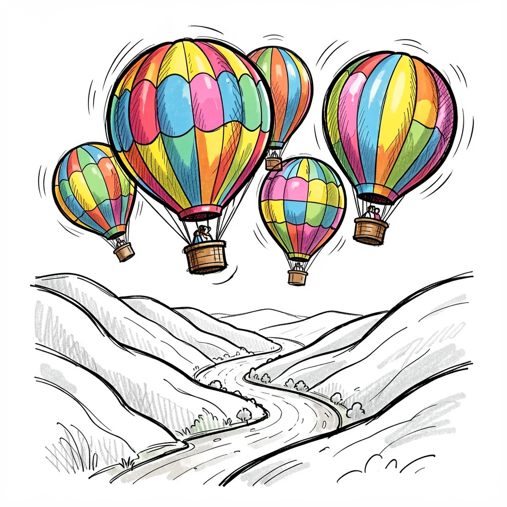 A cluster of colorful hot air balloons over a valley along a scenic coastal path.